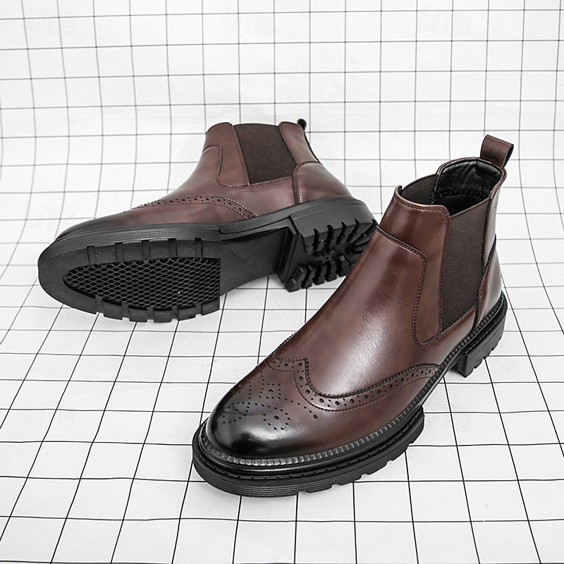 Men's Wingtip Chelsea Boots – Brogue Dress Boots with Elastic Sides
