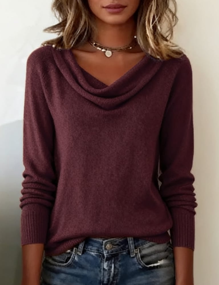 Women's Cowl Neck Long Sleeve Knit Sweater – Soft Plush Relaxed Fit Pullover