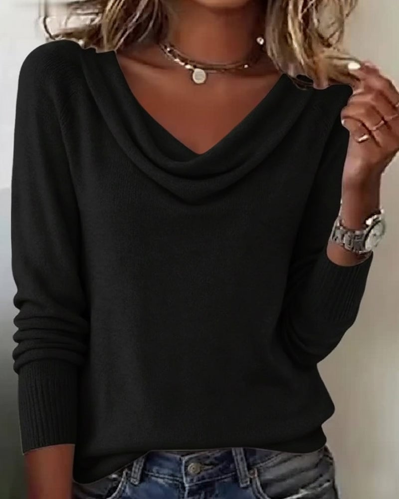 Women's Cowl Neck Long Sleeve Knit Sweater – Soft Plush Relaxed Fit Pullover