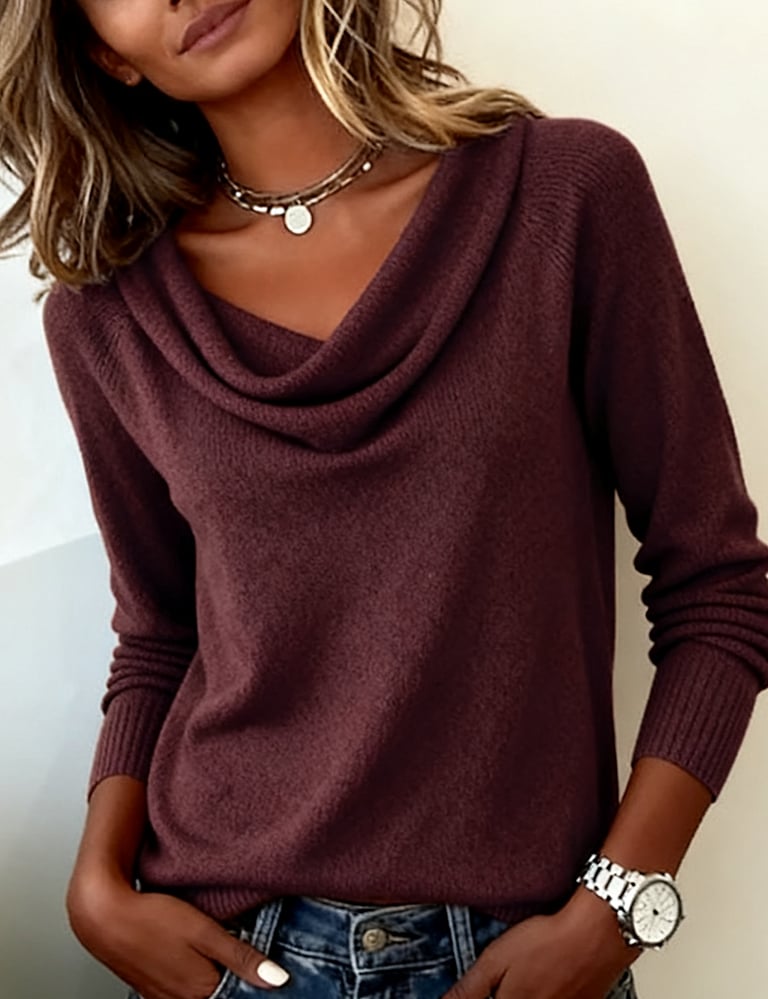 Women's Cowl Neck Long Sleeve Knit Sweater – Soft Plush Relaxed Fit Pullover