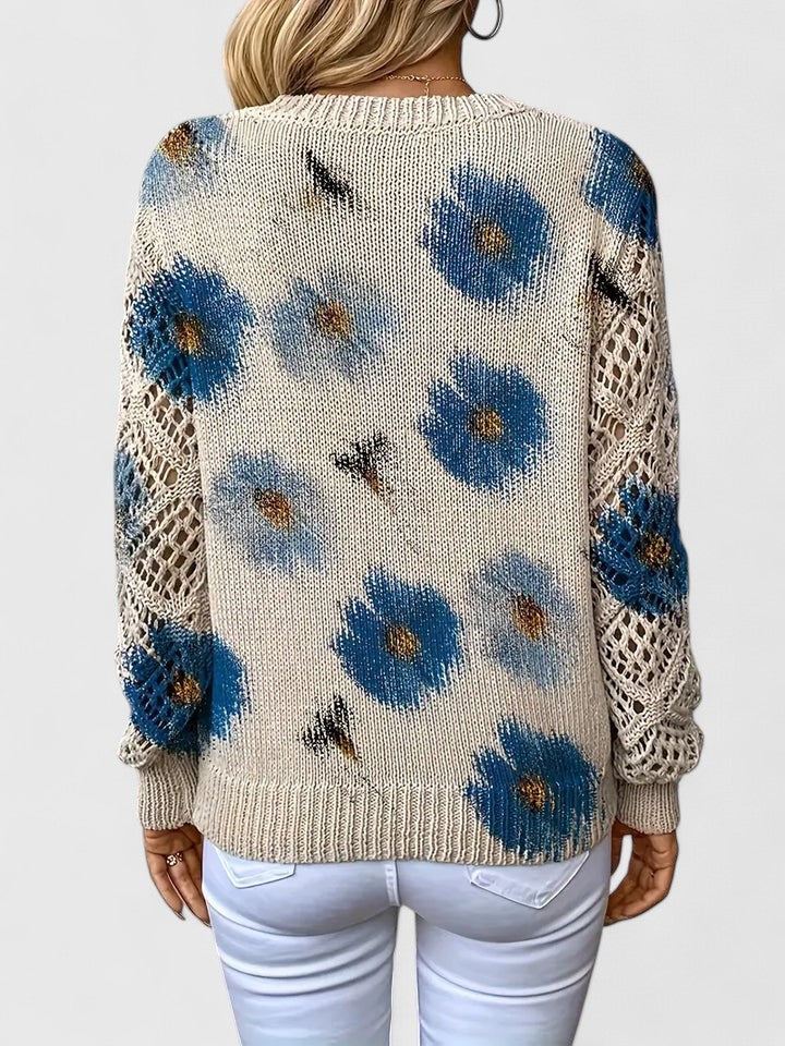 Women's Floral V-Neck Sweater with Crochet Sleeves – Relaxed Knit Pullover