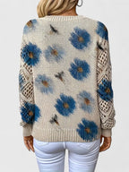 Women's Floral V-Neck Sweater with Crochet Sleeves – Relaxed Knit Pullover