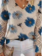 Women's Floral V-Neck Sweater with Crochet Sleeves – Relaxed Knit Pullover