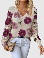 Women's Floral V-Neck Sweater with Crochet Sleeves – Relaxed Knit Pullover