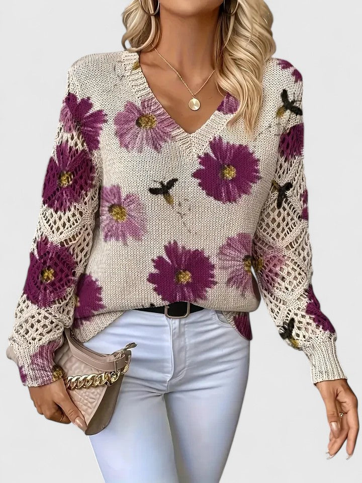 Women's Floral V-Neck Sweater with Crochet Sleeves – Relaxed Knit Pullover