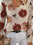 Women's Floral V-Neck Sweater with Crochet Sleeves – Relaxed Knit Pullover