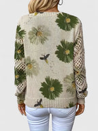 Women's Floral V-Neck Sweater with Crochet Sleeves – Relaxed Knit Pullover