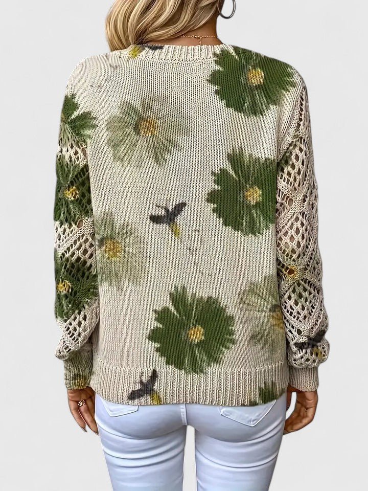 Women's Floral V-Neck Sweater with Crochet Sleeves – Relaxed Knit Pullover