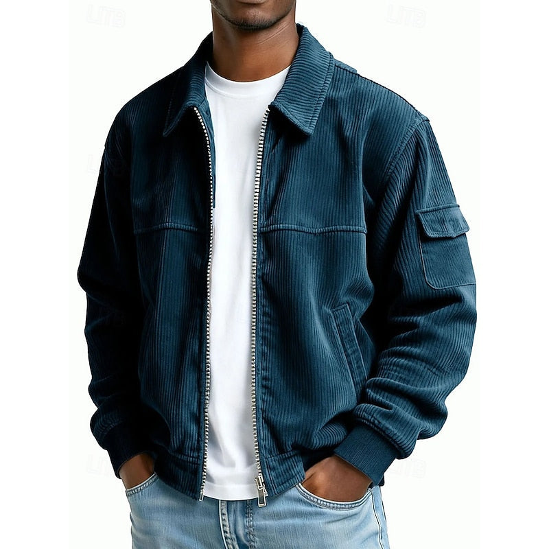 Men's Ribbed Textured Jacket – Classic Collared Casual Jacket with Pockets