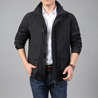 Men's Hooded Utility Jacket – Lightweight Stand Collar Jacket with Chest Pockets