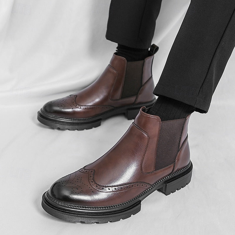 Men's Wingtip Chelsea Boots – Brogue Dress Boots with Elastic Sides