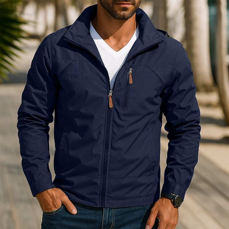 Men's All-Weather Outdoor Jacket – Windproof Stand Collar Jacket with Zip Pockets