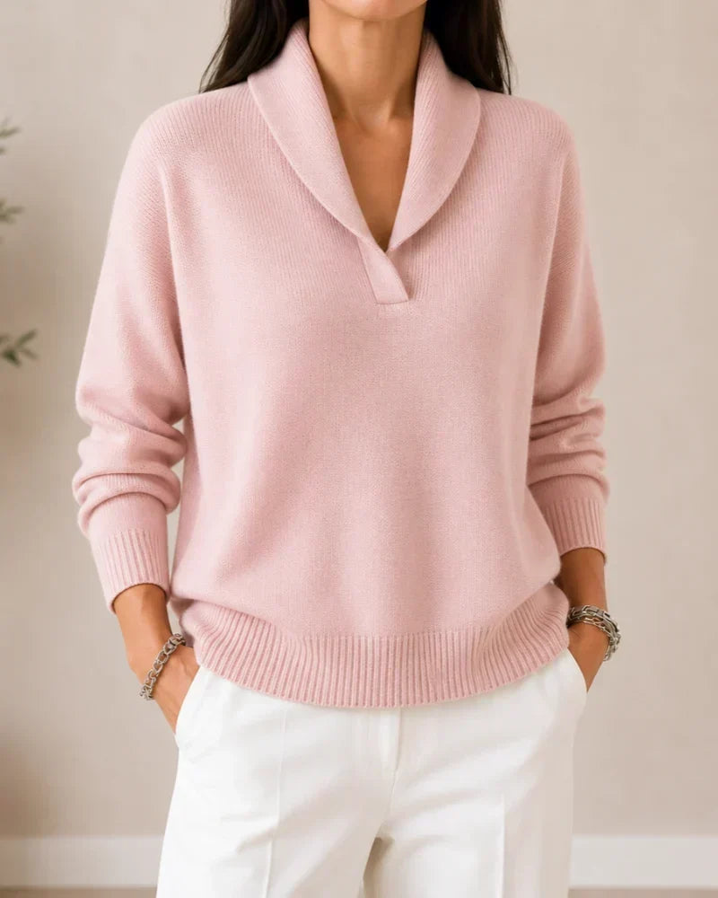 Women's Shawl Collar V-Neck Sweater – Relaxed Fit Ribbed Knit Pullover