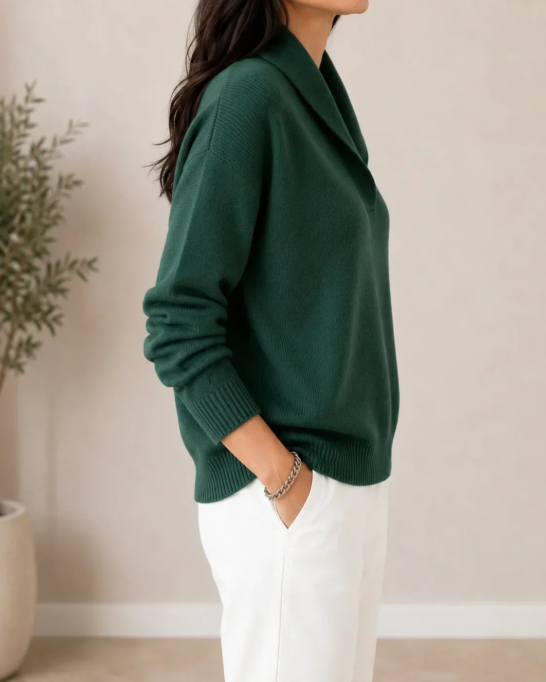 Women's Shawl Collar V-Neck Sweater – Relaxed Fit Ribbed Knit Pullover