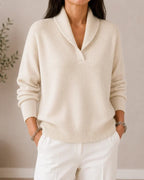 Women's Shawl Collar V-Neck Sweater – Relaxed Fit Ribbed Knit Pullover