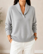 Women's Shawl Collar V-Neck Sweater – Relaxed Fit Ribbed Knit Pullover