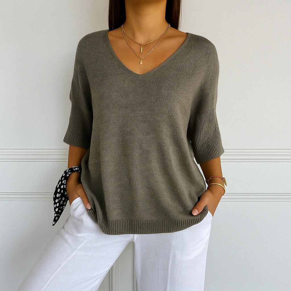 Women's Short Sleeve V-Neck Sweater – Oversized Lightweight Knit Top