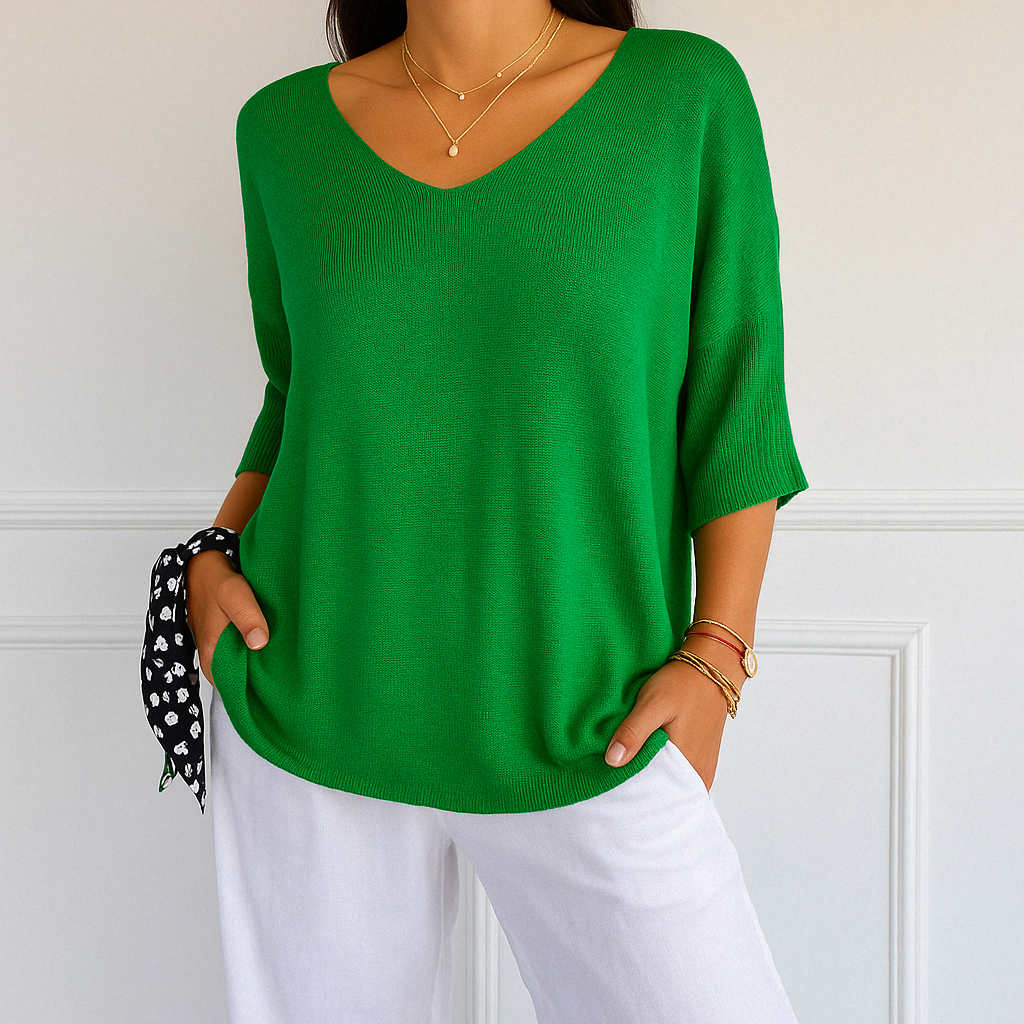 Women's Short Sleeve V-Neck Sweater – Oversized Lightweight Knit Top