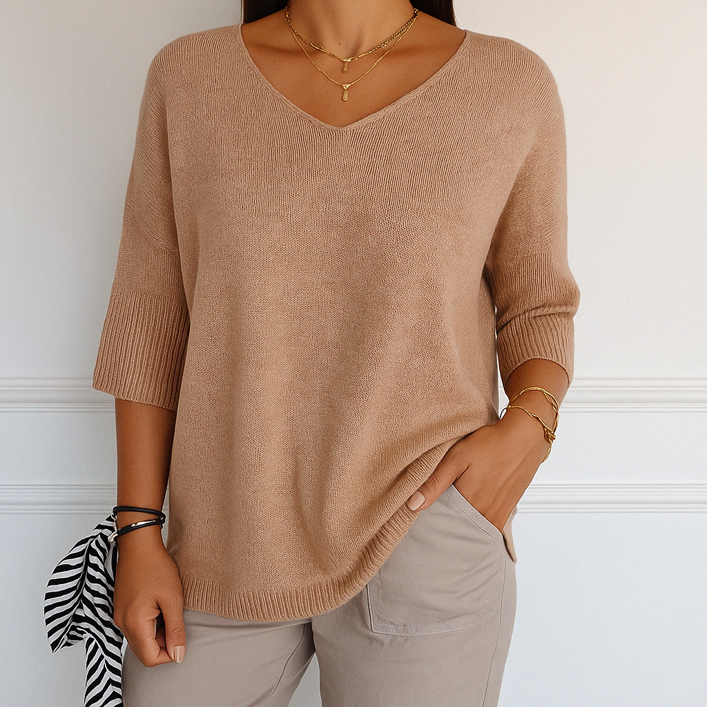 Women's Short Sleeve V-Neck Sweater – Oversized Lightweight Knit Top