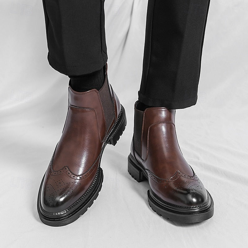 Men's Wingtip Chelsea Boots – Brogue Dress Boots with Elastic Sides