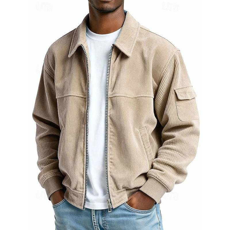 Men's Ribbed Textured Jacket – Classic Collared Casual Jacket with Pockets