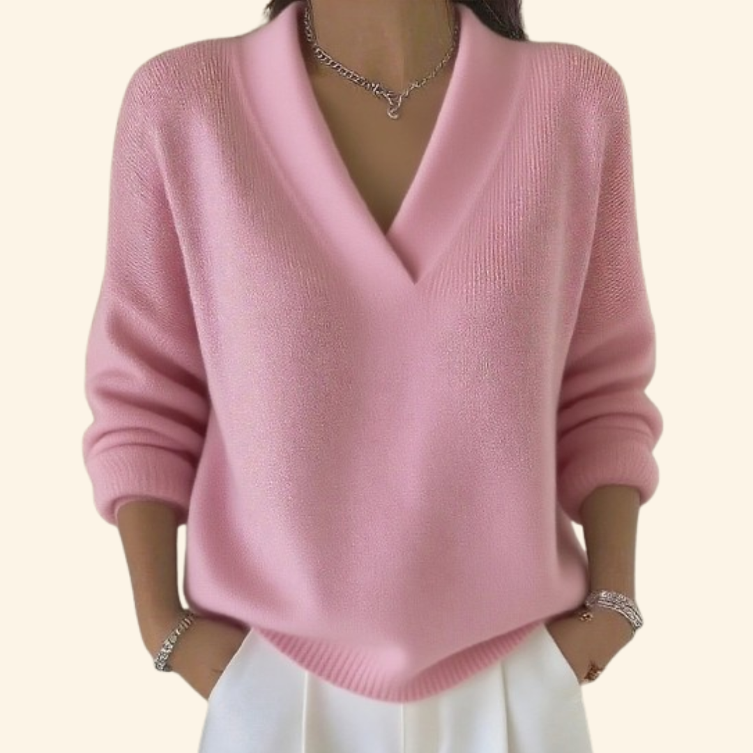 Women's V-Neck Long Sleeve Knit Sweater – Relaxed Loose Fit Everyday Jumper