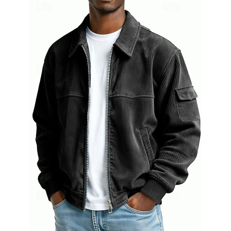 Men's Ribbed Textured Jacket – Classic Collared Casual Jacket with Pockets