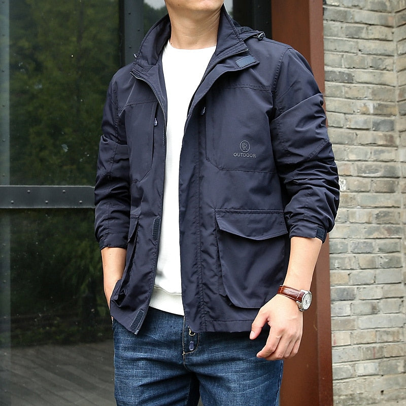 Men's Hooded Utility Jacket – Lightweight Stand Collar Jacket with Chest Pockets