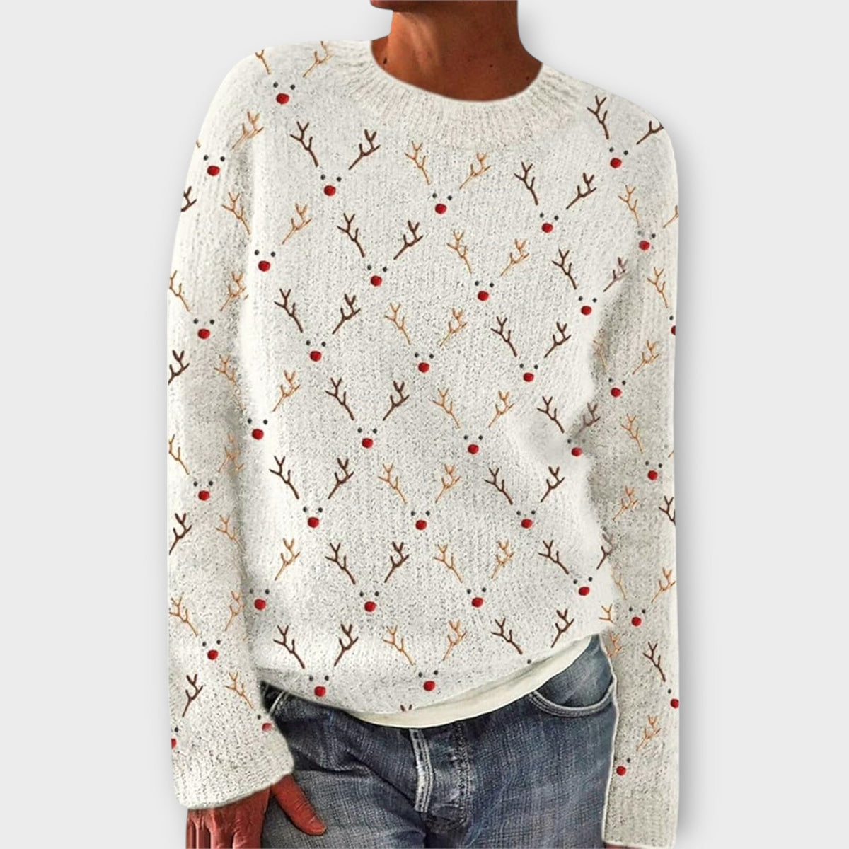 Women's Reindeer Print Christmas Sweater – Festive Crew Neck Knit Jumper