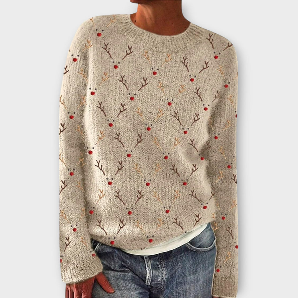 Women's Reindeer Print Christmas Sweater – Festive Crew Neck Knit Jumper