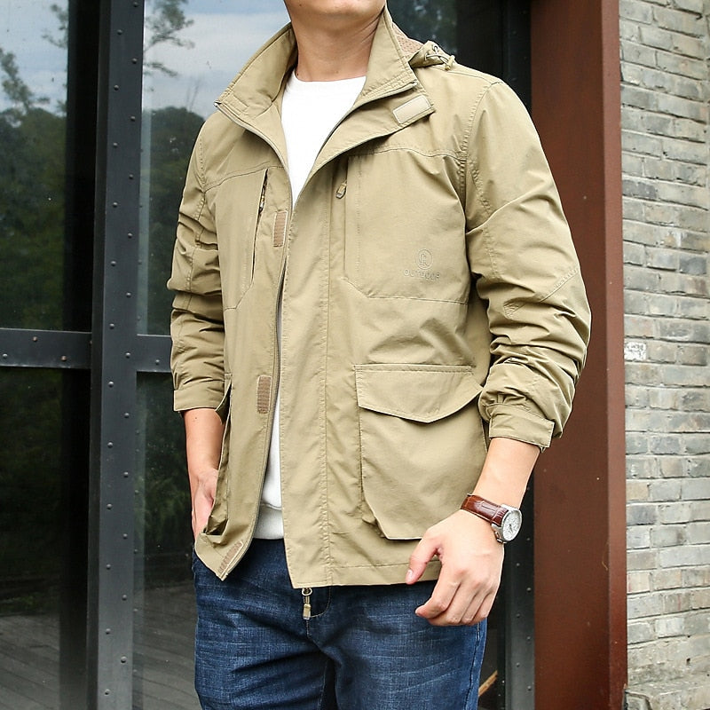 Men's Hooded Utility Jacket – Lightweight Stand Collar Jacket with Chest Pockets